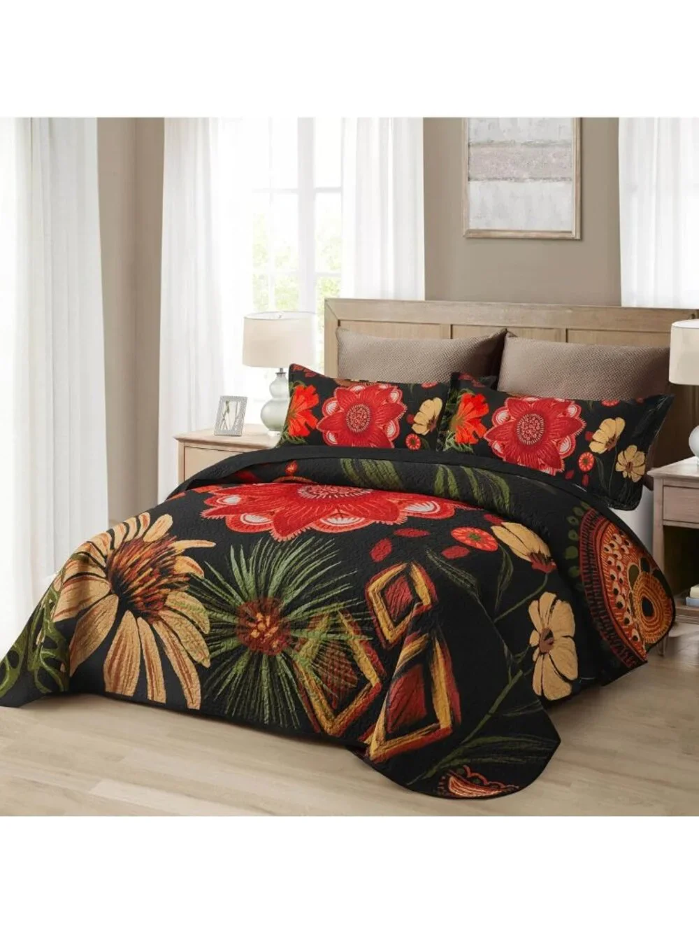 Colorful Floral Black Quilt Set | Reversible Lightweight Bedding, 2 Shams